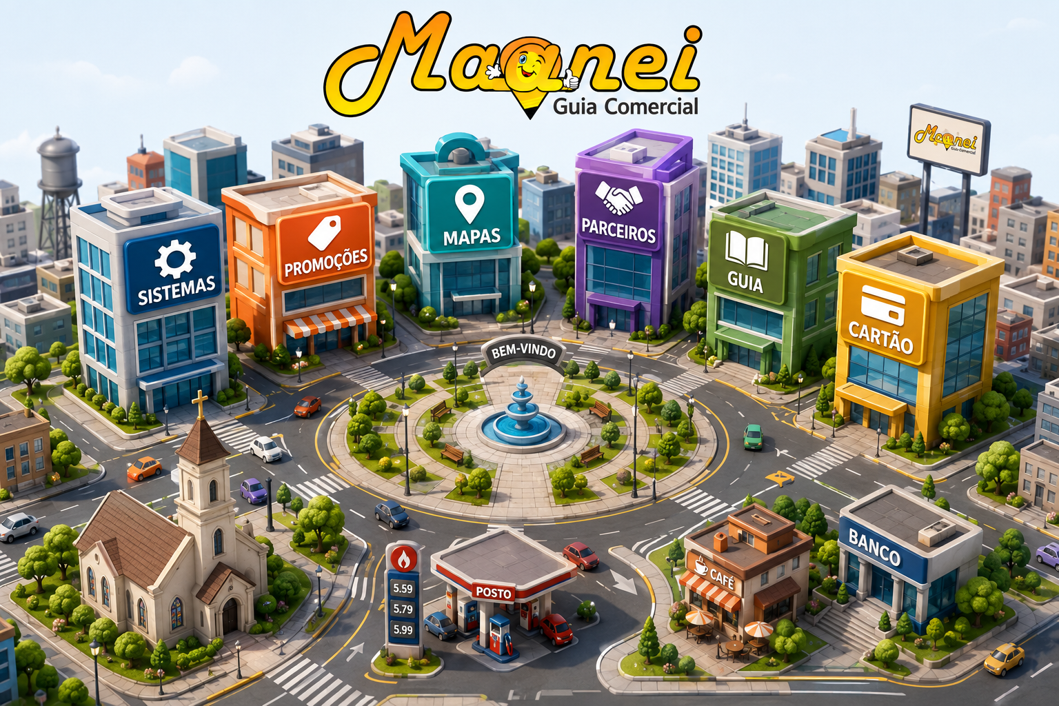 Maanei Guia Comercial — mapa da cidade virtual com os prédios: Sistemas, Promoções, Mapas, Parceiros, Guia e Cartão